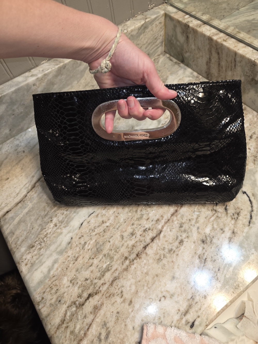 Michael Kors Black Snake Skin Look Embossed Clutch Bag - Silver Metal Handle